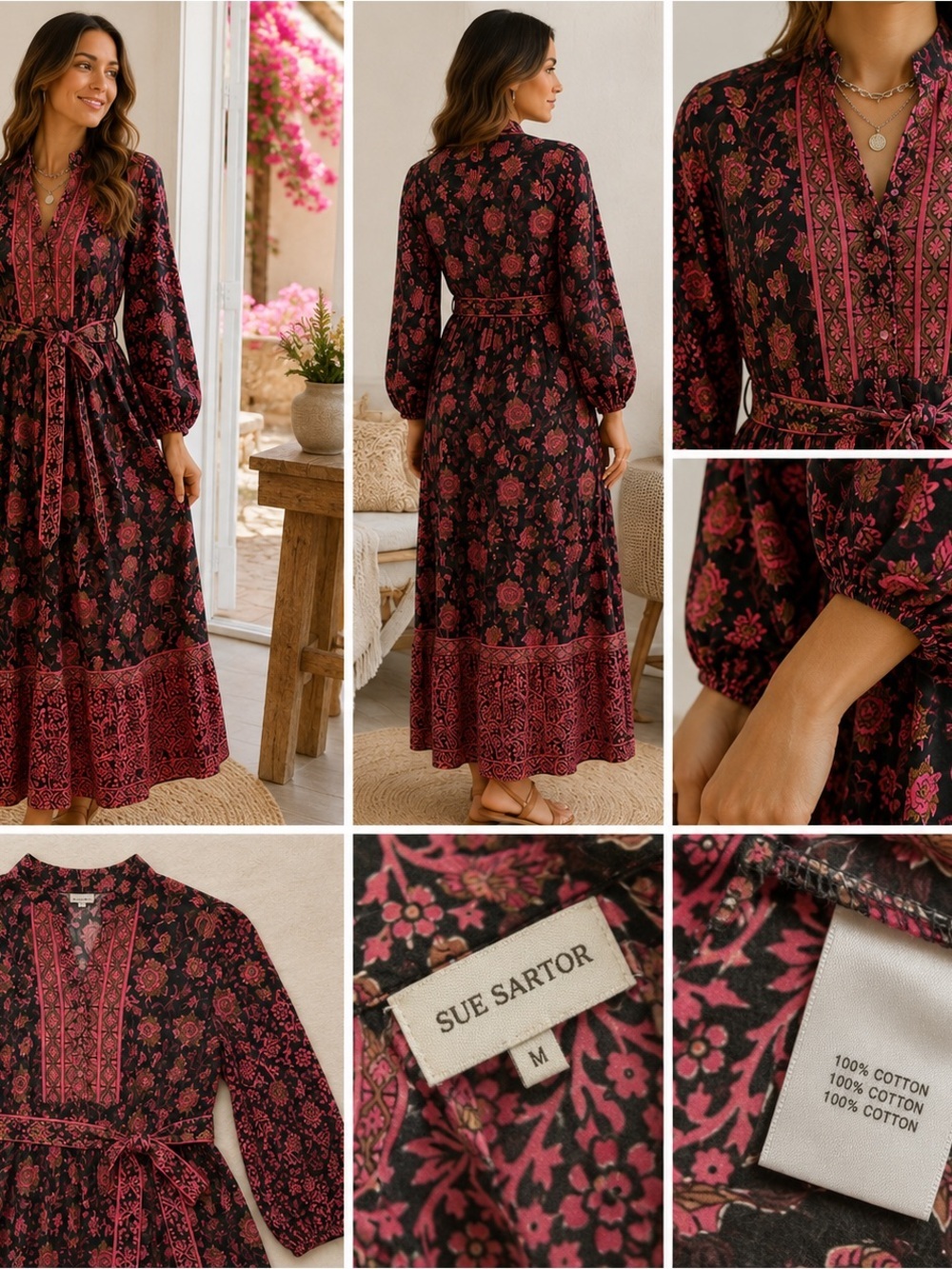 Sue Sartor Black Boho Maxi Dress with Rose Pink Floral Print